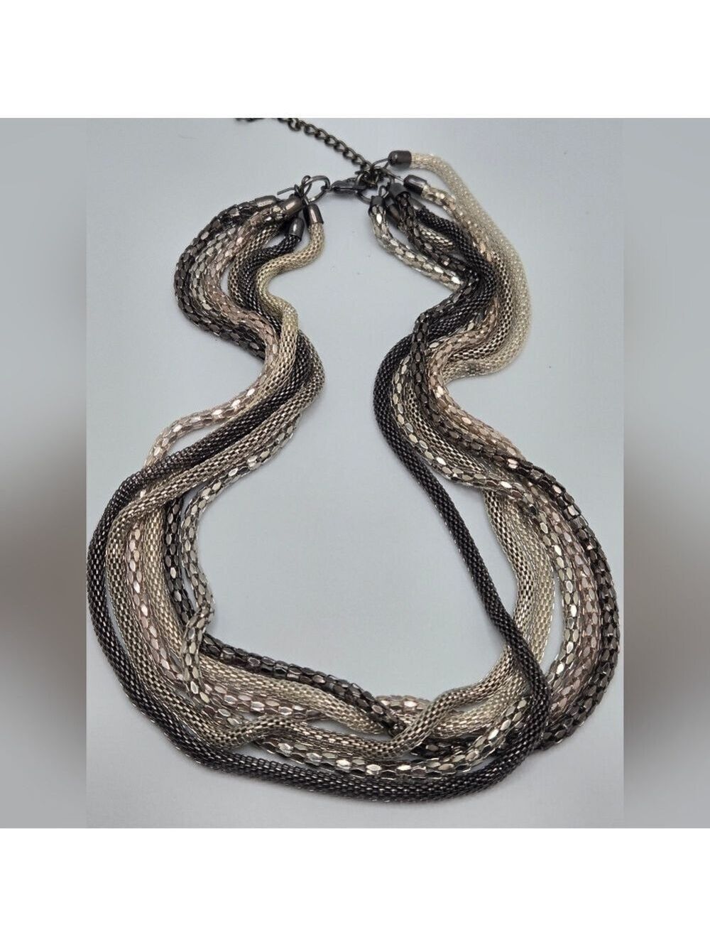 Chunky Silver & Gunmetal Multi-Strand Chain Necklace 20" +3" Excellent Statement